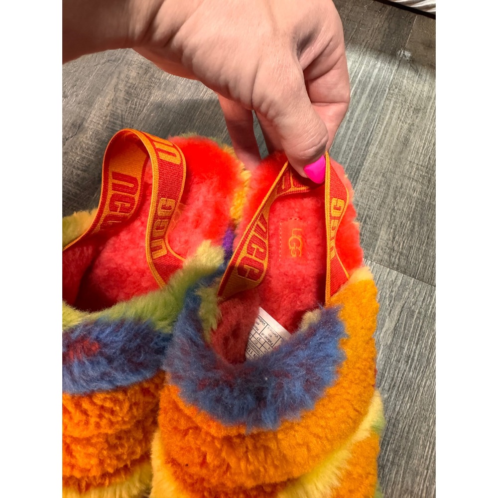 UGG Fluff Yeah Slide Cali Rainbow Striped Sheepskin Slides 1120027 Womens 6 - Picture 2 of 6